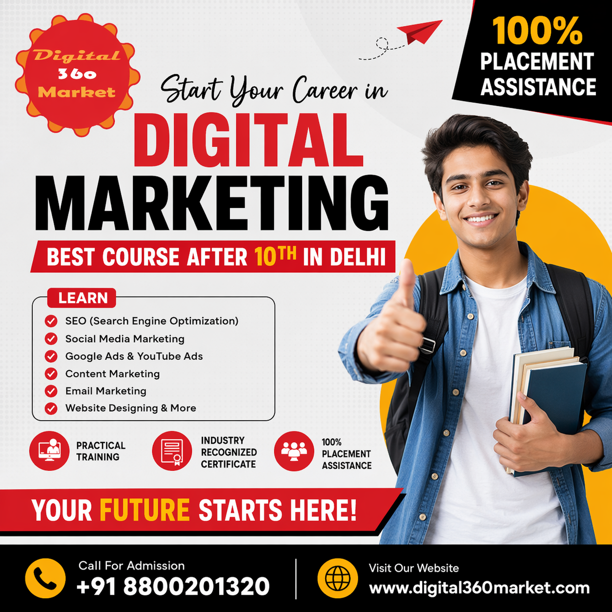 Digital Marketing Course After 10th in Delhi with 100% placement assistance by Digital 360 Market, covering SEO, social media marketing, Google Ads, content marketing, and website designing
